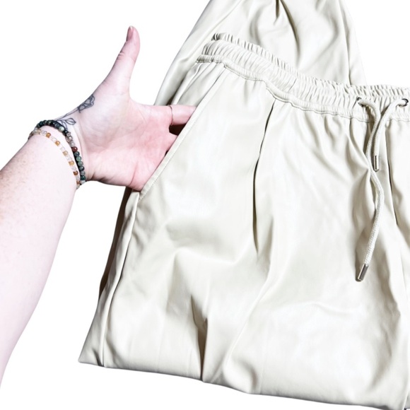 Grace + Karma Women’s Beige Cream Faux Leather High Waisted Tie Jogger Pants - Picture 3 of 16